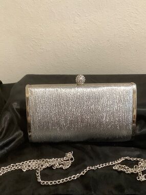 Silver Metallic Evening Clutch with Crystal Knob